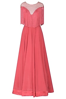 Carrot Red Embroidered Fringes Gown