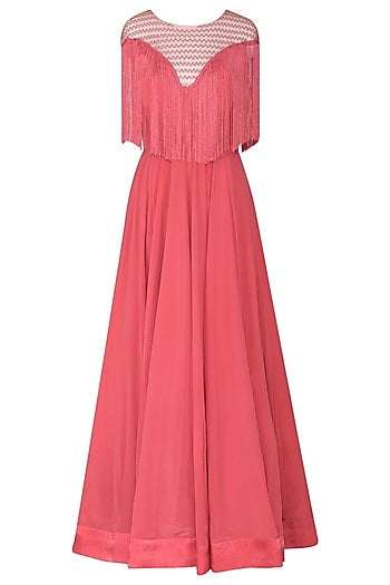 Carrot Red Embroidered Fringes Gown