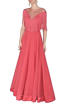 Carrot Red Embroidered Fringes Gown