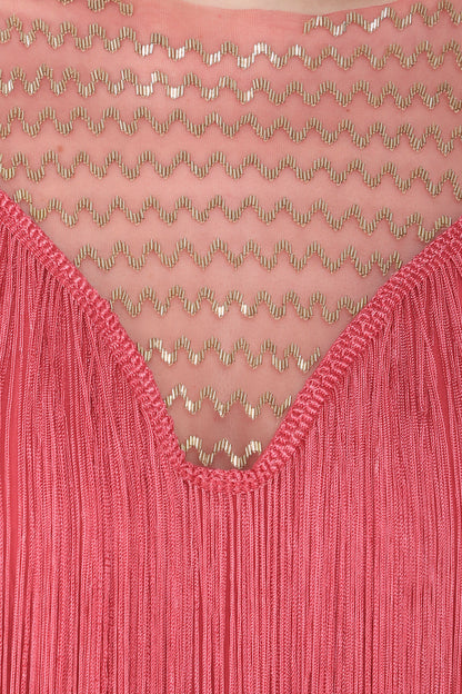 Carrot Red Embroidered Fringes Gown