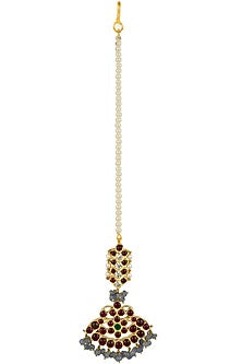 Gold Leafing Kemp Stone and Saphhire Crescent Maang Tikka