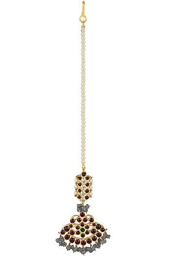 Gold Leafing Kemp Stone and Saphhire Crescent Maang Tikka