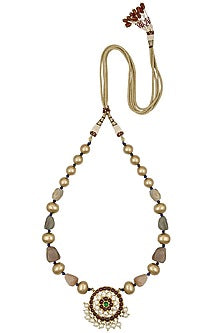 Gold Leafing Multi-Jewel Stone Floral Motif Long Necklace