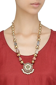 Gold Leafing Multi-Jewel Stone Floral Motif Long Necklace