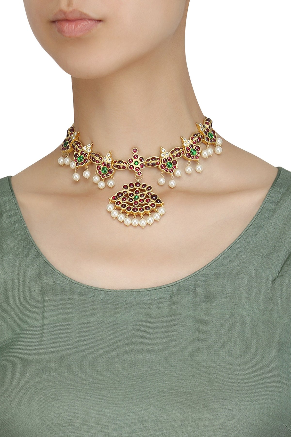 Gold Leafing Kempstone and Pearl Choker Necklace