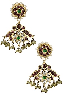 Gold Leafing Green and Red Kemp Stones Tear Drop Earrings