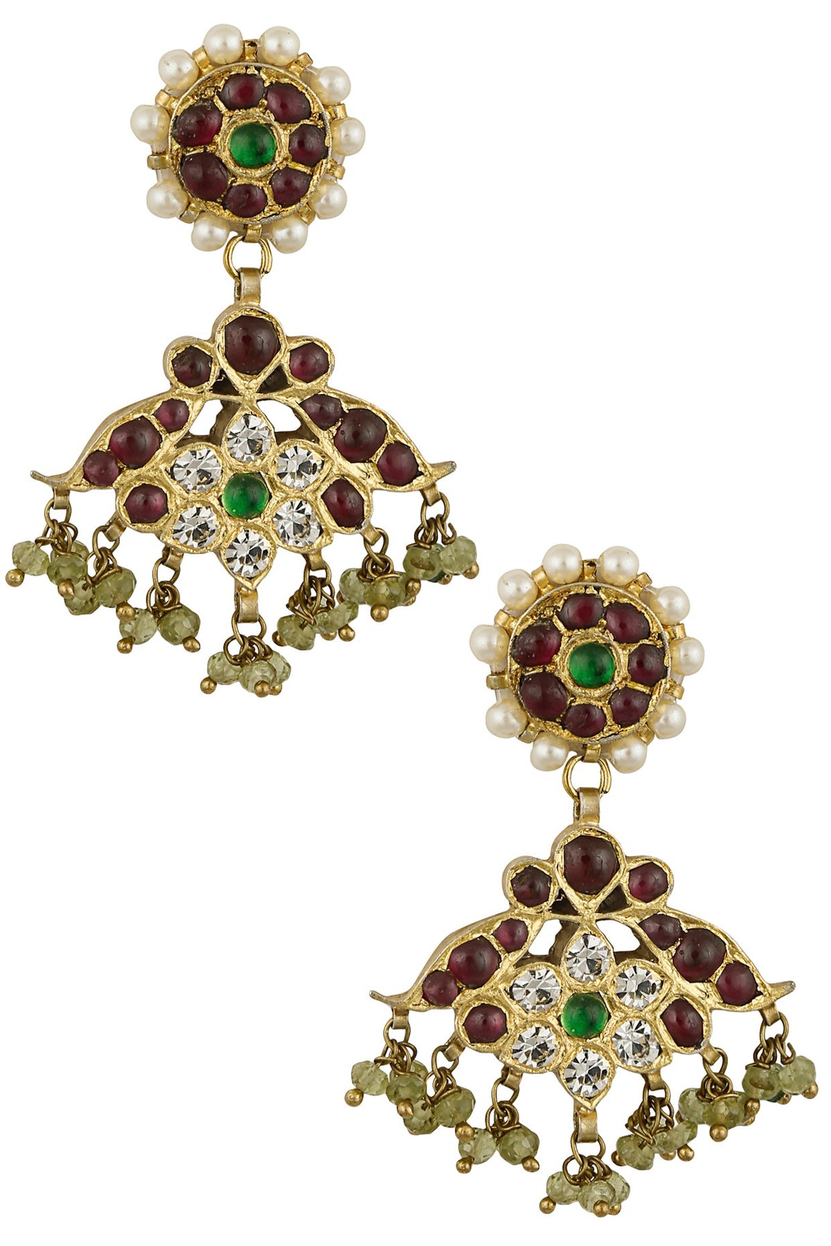 Gold Leafing Green and Red Kemp Stones Tear Drop Earrings