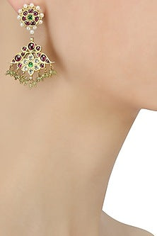 Gold Leafing Green and Red Kemp Stones Tear Drop Earrings
