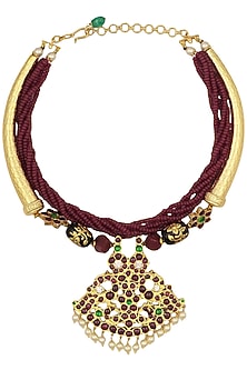 Gold Leafing Red-Green Kemp Stones and Agate Necklace