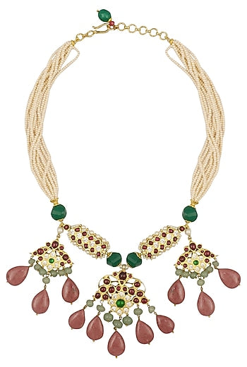 Gold Leafing Kemp Stone Multi-Jewel Stone Necklace