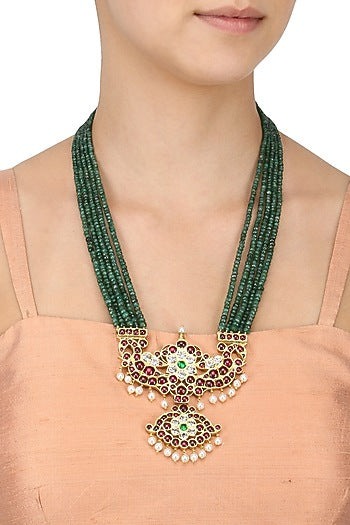 Gold Leafing Emerald and Kempstone 5 Strand Necklace