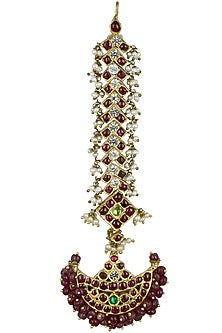 Gold Leafing Kempstone and Pearls Crescent Maang Tikka