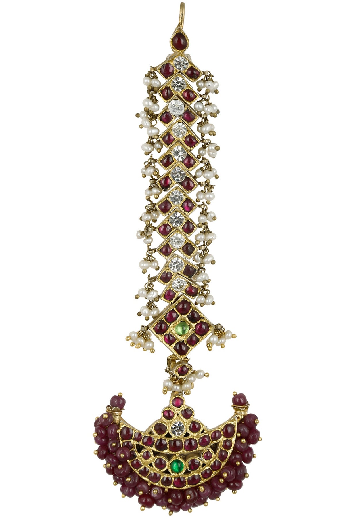 Gold Leafing Kempstone and Pearls Crescent Maang Tikka