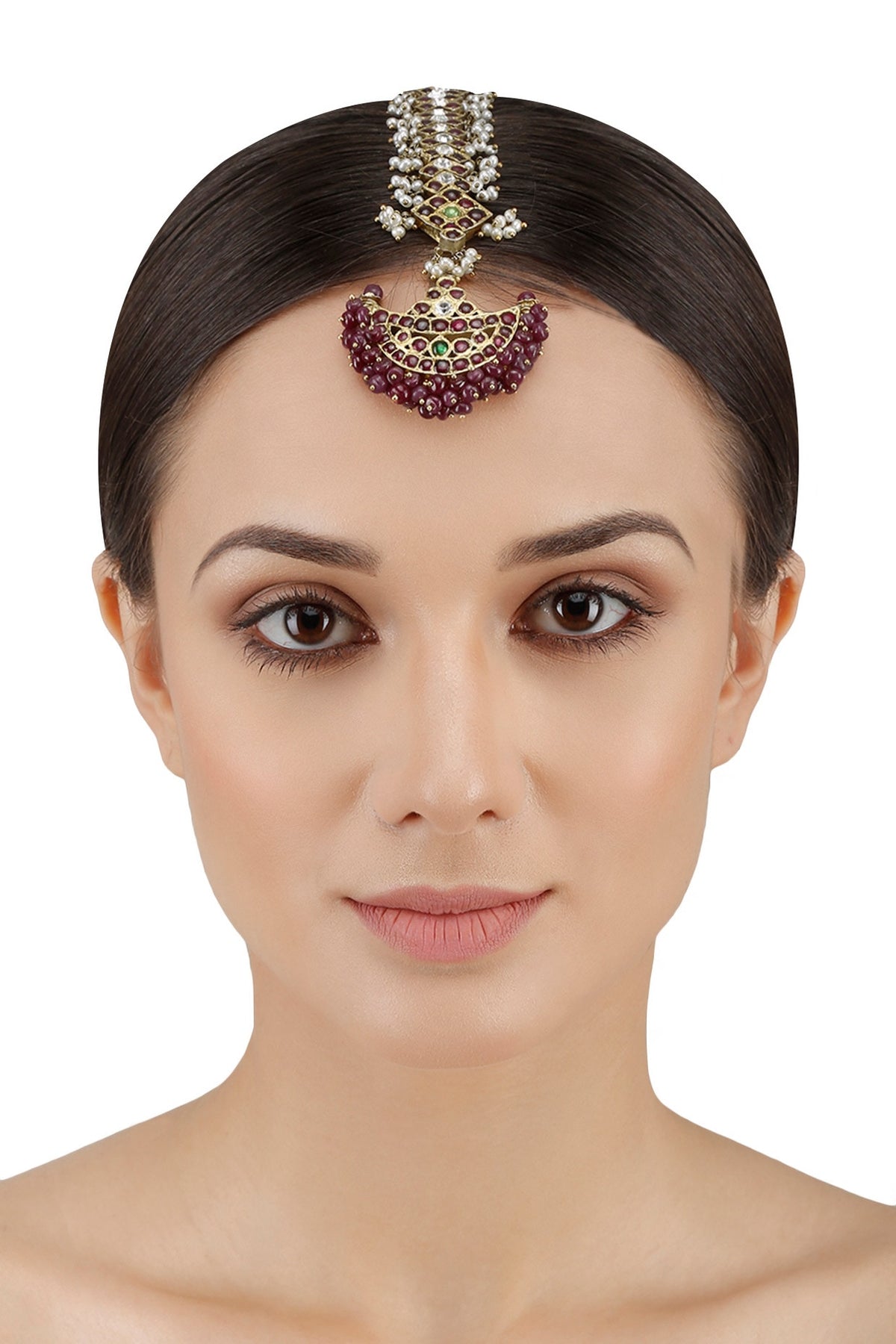 Gold Leafing Kempstone and Pearls Crescent Maang Tikka