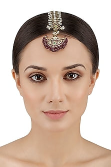 Gold Leafing Kempstone and Pearls Crescent Maang Tikka