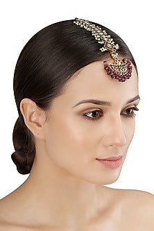 Gold Leafing Kempstone and Pearls Crescent Maang Tikka