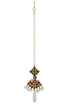Gold Leafing Red and Green Kempstone Maang Tikka