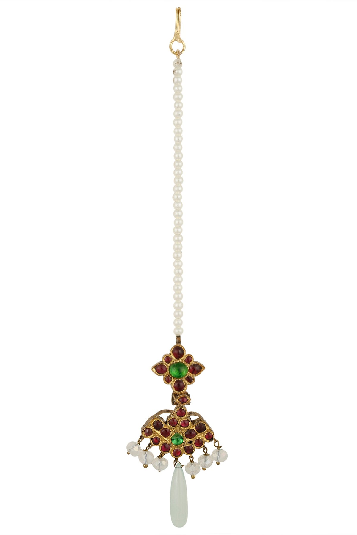 Gold Leafing Red and Green Kempstone Maang Tikka