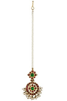 Gold Leafing Pearl Cluster and Kempstone Maang Tikka