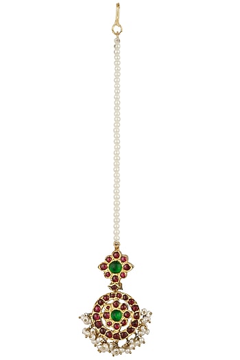 Gold Leafing Pearl Cluster and Kempstone Maang Tikka