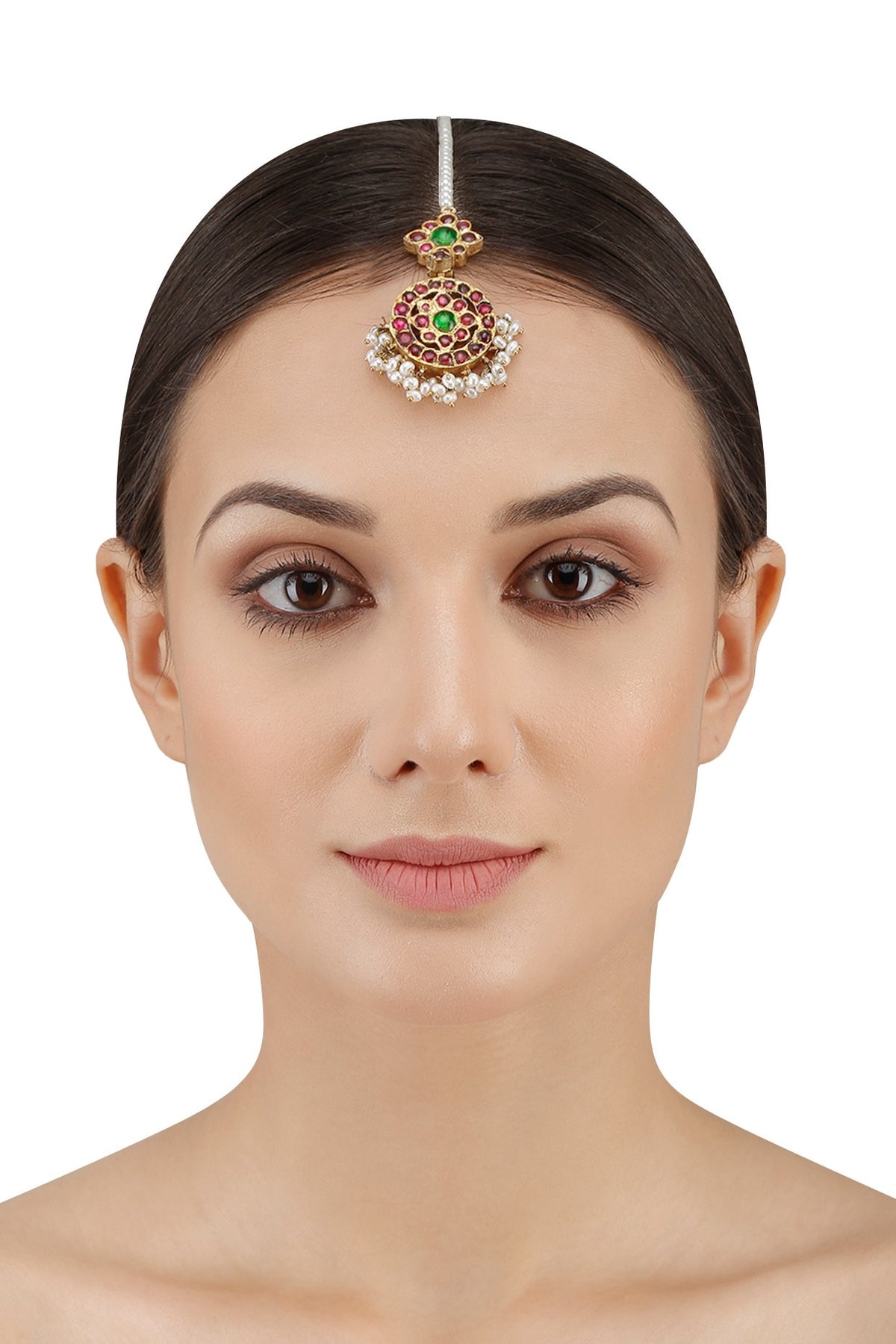 Gold Leafing Pearl Cluster and Kempstone Maang Tikka