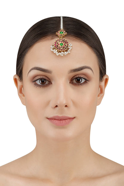 Gold Leafing Pearl Cluster and Kempstone Maang Tikka