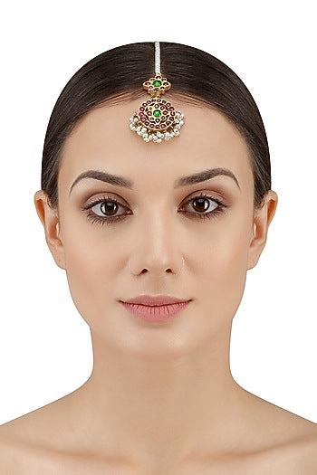 Gold Leafing Pearl Cluster and Kempstone Maang Tikka