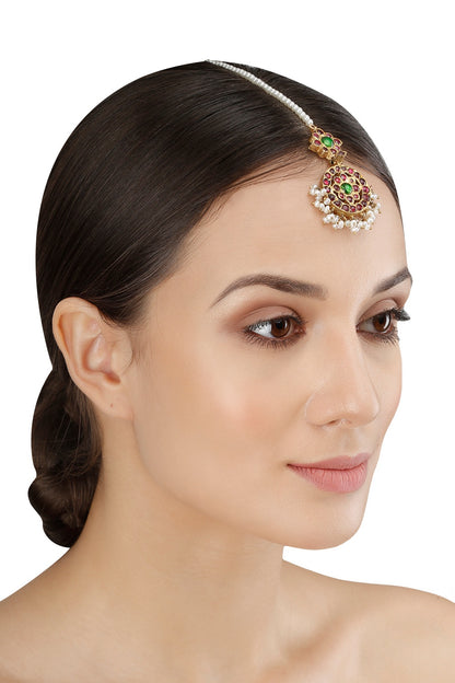 Gold Leafing Pearl Cluster and Kempstone Maang Tikka
