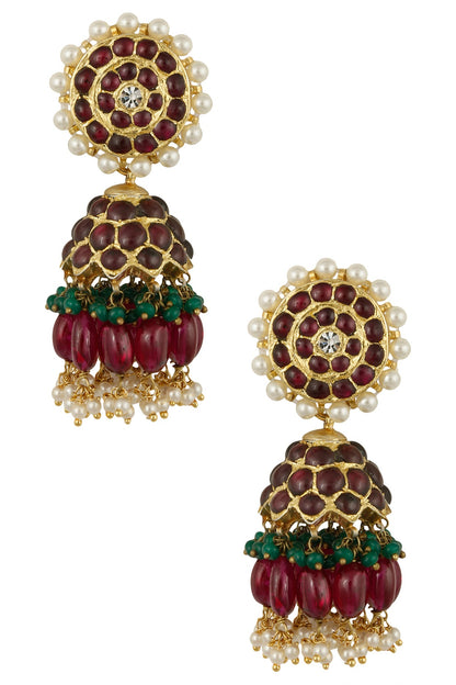 Gold Leafing Ruby Jhumki Earrings