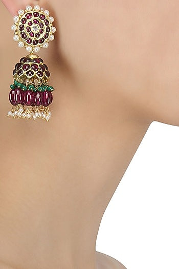 Gold Leafing Ruby Jhumki Earrings