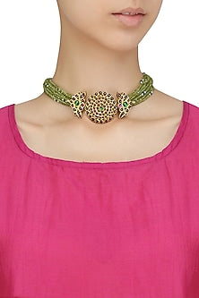 Gold Leafing Floral Design Pendant Choker