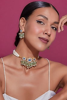 Gold Finish Kundan Polki & Drop Choker Necklace Set