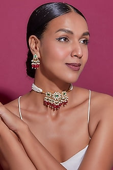 Gold Finish Kundan Polki & Drop Choker Necklace Set