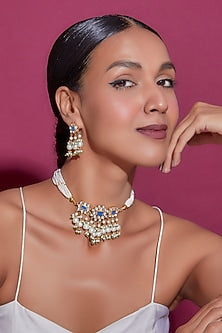 Gold Finish Kundan Polki & Pearl Drop Choker Necklace Set