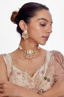 Gold Finish Pink Kundan Polki Choker Necklace Set