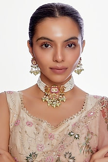 Gold Finish Red Kundan Polki Choker Necklace Set