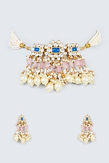 Gold Finish Blue Kundan Polki & Pink Drop Choker Necklace Set