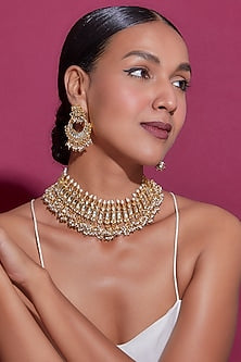 Gold Finish White Kundan Polki Necklace Set