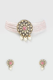 Black Rhodium Finish Kundan Polki & Pink Beads Choker Necklace Set