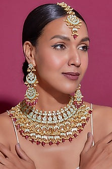 Gold Finish Green Kundan Polki Necklace Set