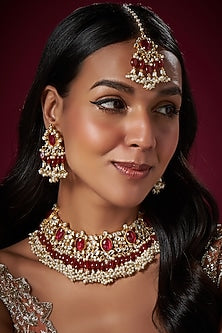 Gold Finish Kundan Polki & Red Stones Necklace Set