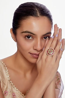 Gold Finish Red Kundan Polki Ring