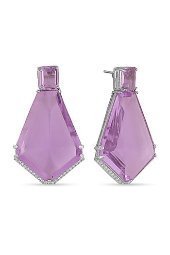 White Finish Purple Stone Stud Earrings