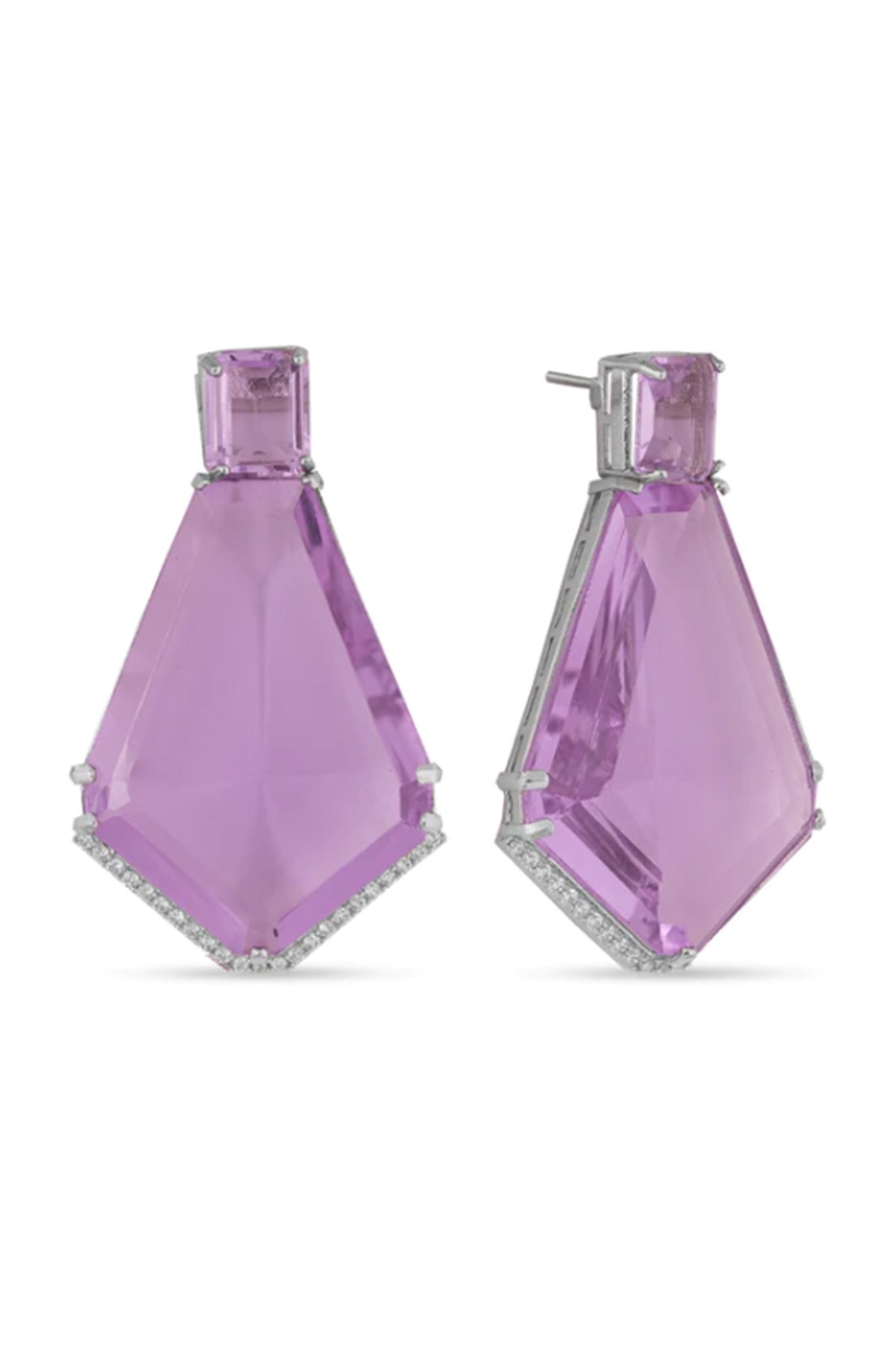 White Finish Purple Stone Stud Earrings