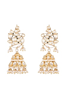 Gold Plated Pearl & Kundan Bird Motif Jhumka Earrings