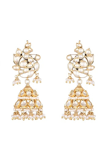 Gold Plated Pearl & Kundan Bird Motif Jhumka Earrings