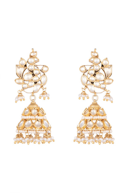 Gold Plated Pearl & Kundan Bird Motif Jhumka Earrings