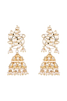Gold Plated Pearl & Kundan Bird Motif Jhumka Earrings