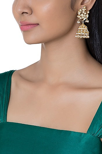 Gold Plated Pearl & Kundan Bird Motif Jhumka Earrings