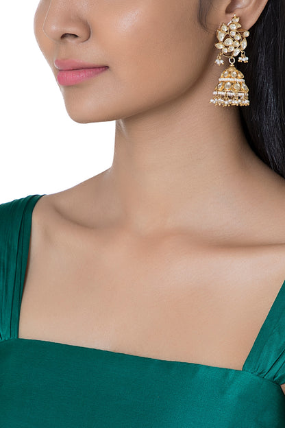 Gold Plated Pearl & Kundan Bird Motif Jhumka Earrings